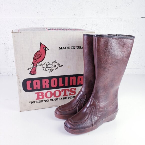 Vintage Carolina Boots Leather Knee High Sherpa Lined Side Zip Low Heel Brown 7 - Picture 1 of 13